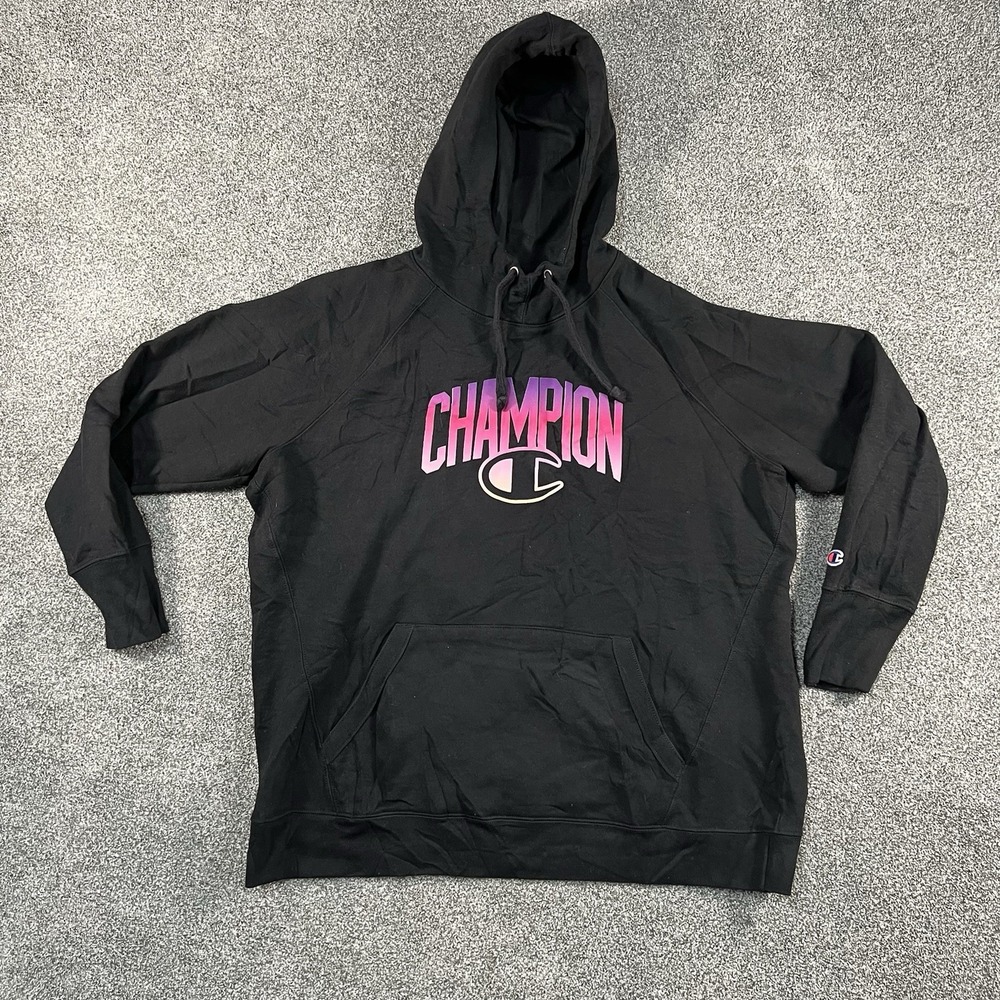 Champion Womens XL Black Hoodie Big Logo Spellout Pullover Pink Purple